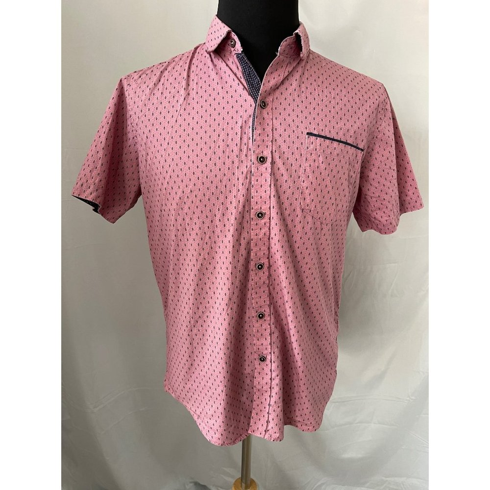 Craft + Flow Salmon/Navy Blue Dot Pattern Short Sleeve Button-up Shirt